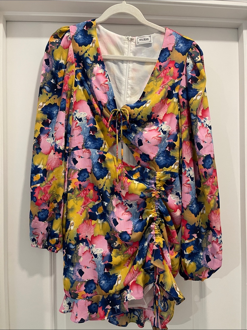 NWOT My Kim Floral Ruched Mini Dress - Yellow, Pink & Blue medium